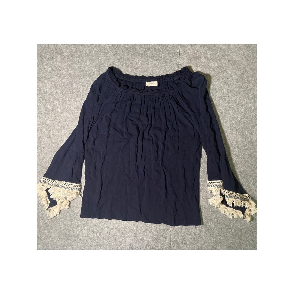 Adrienne Navy Blue Boho Fringe Bell Sleeve Off Shoulder Blouse Small 1521